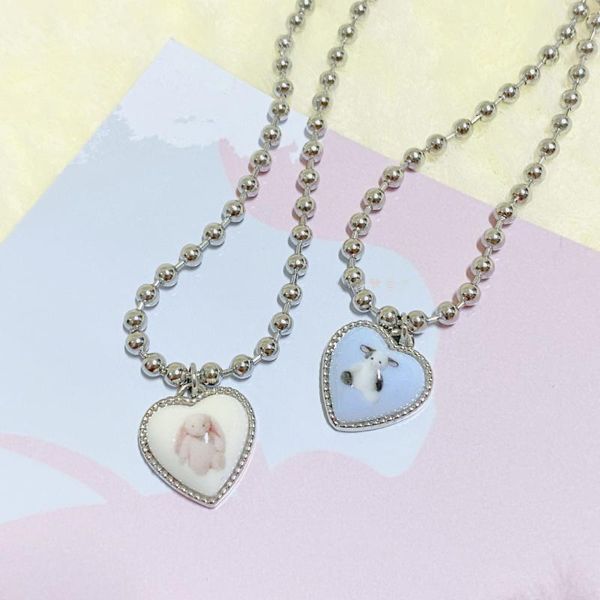 

pendant necklaces korean fashion cute peach heart shape cow for women girlfriend gift jewelry lovely beads chains y2k, Silver