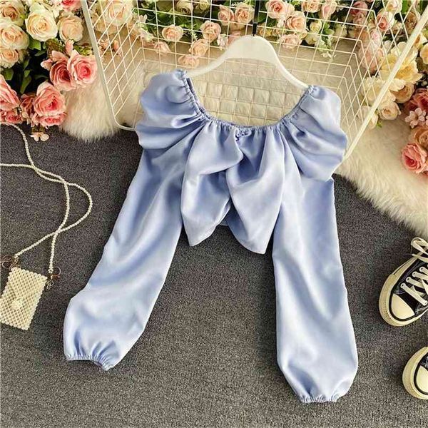 

spring autumn french solid color square collar puff sleeve shirt women retro clavicle was thin fold short uk951 210506, White