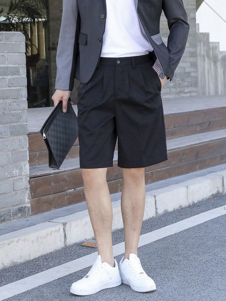 

men fold pleated slant pocket shorts k45q#, Black