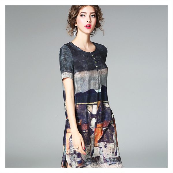 

dress 2021 summer women's silk retro printed elegant loose a- line women, Black;gray