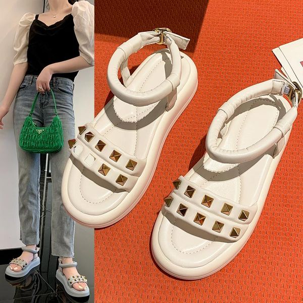 

sandals fashion flats women's shoes summer 2021 thick soled rivet ankle strap flat platform sandalias casual with slippers, Black
