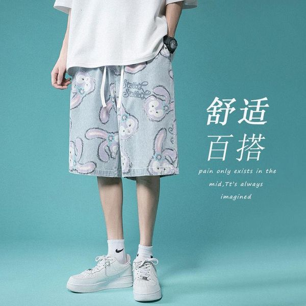 

men's jeans casual light blue denim shorts trendy brand loose straight wide-leg 5-point pants thin full printed cartoon summer