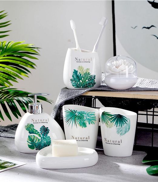 

tropical green plants bathroom seven-piece set,melamine tray, ceramic set, six-piece wedding gift bath accessory set