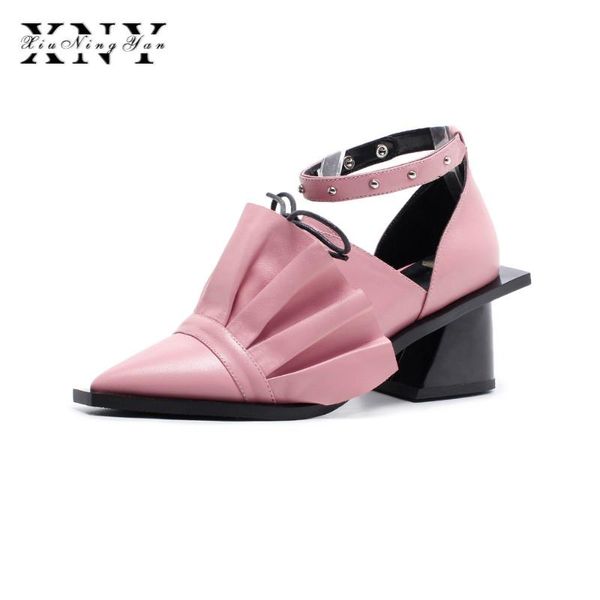 

occident style summer sandals 2021 women shoes pleated genuine leather party casual high heels 5.5cm 8cm sandal, Black