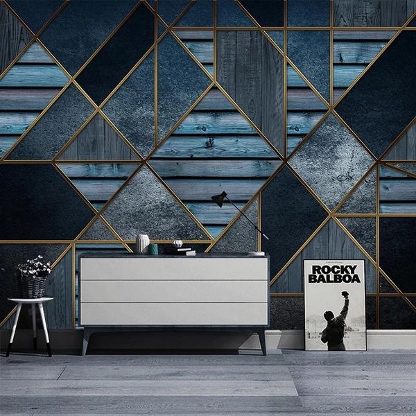 

custom 3d po self adhesive wallpaper blue geometric wood grain relief mural modern living room sofa tv background home decor wallpapers