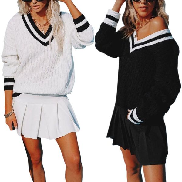

women's sweaters 2022 autumn ladies v-neck pullover knitted women casual long sleeved black white color collision loose stretch, White;black