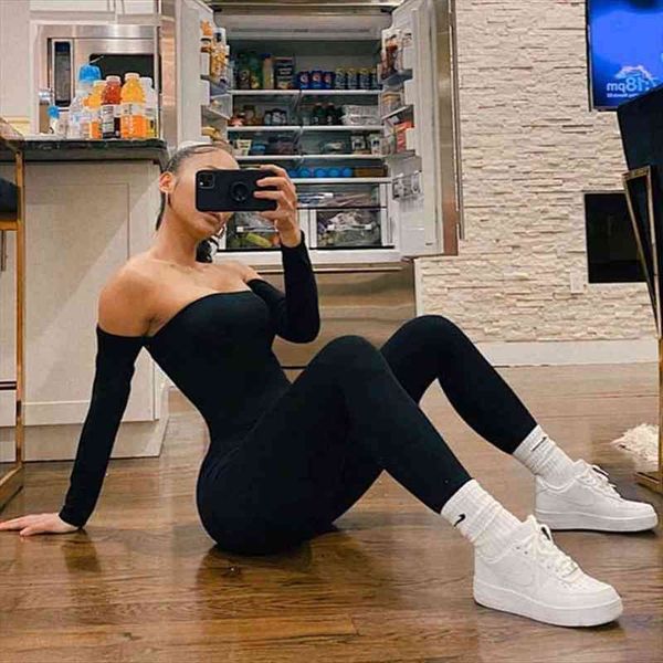 

autumn winter strapless streetwear women rompers long sleeve bodycon solid sport fitness romper overalls for, Black;white