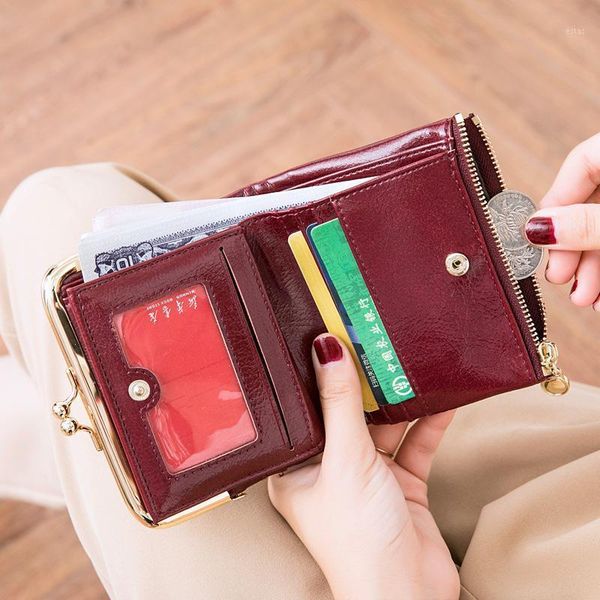 

printing leather goods clip short wallet female 2021 japanese retro folding small student pocket change billetera wallets1, Red;black