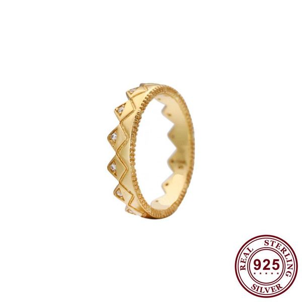 

100% 925 sterling silver pan ring shiny gold with crystal crown for women wedding party gift fashion jewelry cluster rings, Golden;silver