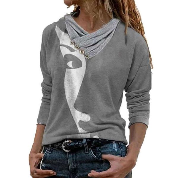 

women's blouses & shirts vintage human face v neck button pullover fashion autumn winter long sleeve women casual slim streetwear blou, White