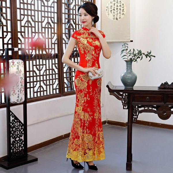 

ethnic clothing green vintage chinese style wedding dress retro long gown marriage cheongsam qipao party evening vestidos clothe s-4xl, Red