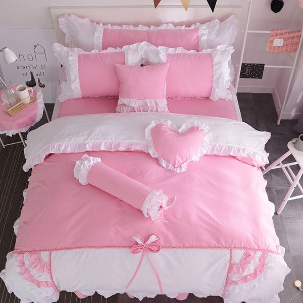 

bedding sets 4/6/8pcs korean style princess set 100% cotton pink girls bedspread bed skirt solid bow duvet cover  size king