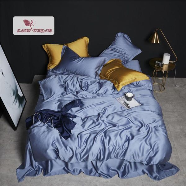 

bedding sets slowdream luxury blue 100% silk set super soft duvet cover home textiles flat sheet pillwocase  king bed linen