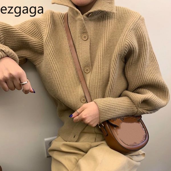 

ezgaga vintage sweater women turn-down collar single breasted solid loose all-match streetwear ladies knitted cardigan elegant 210430, White