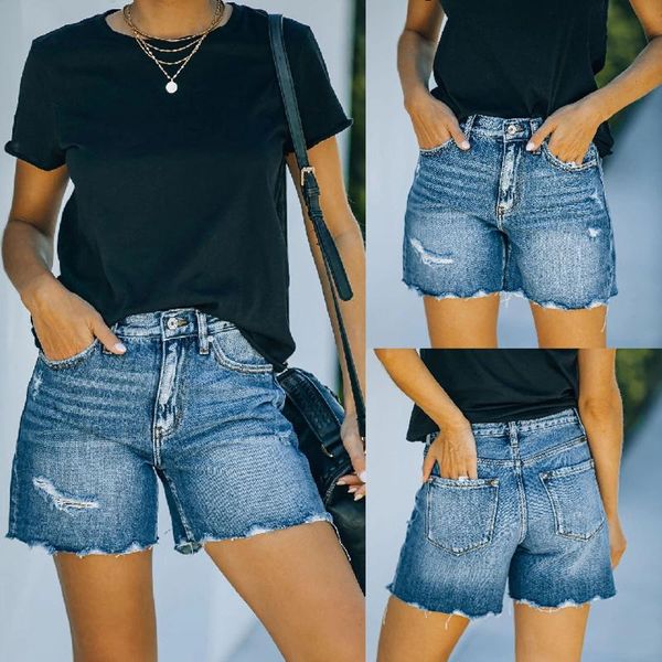 

women's shorts 2021 black blue gary casual stretch pockets denim frayed edge ripped jeans cloth#g30, White;black