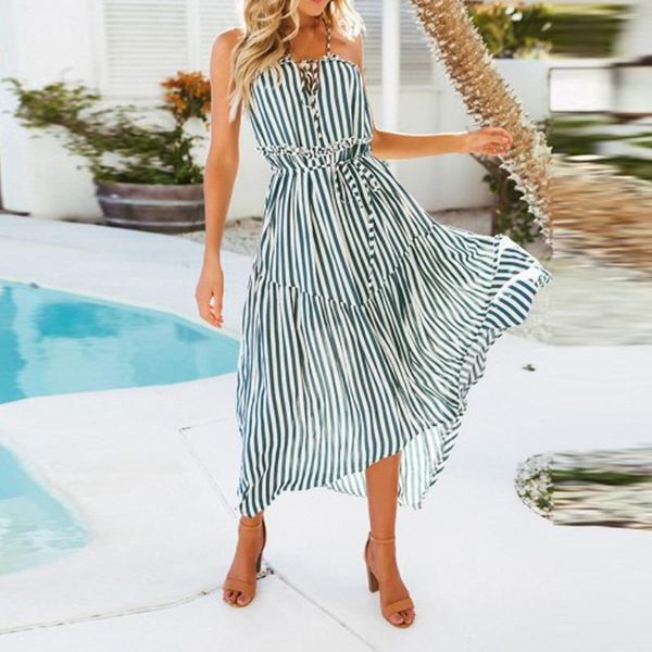 

men's jackets women summer dress 2021 stripe print v-neck casual strepless sleeveless loose long sundress vestidos#j30, Black;brown