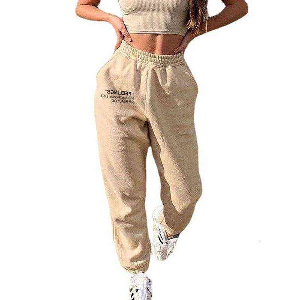 

autumn and winter 2021 solid color slim casual pants women's elastic waist lettered printed, Black;white