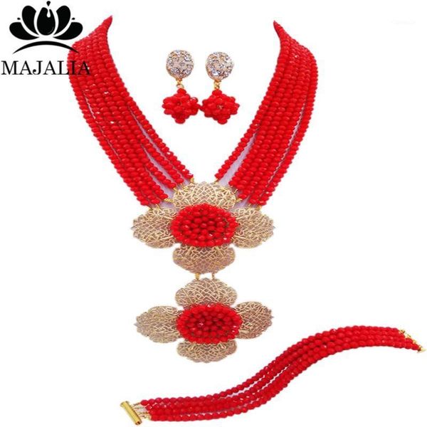 

earrings & necklace nigeria bride wedding jewelry african exquisite dess opaque red crystal set ls-40, Silver