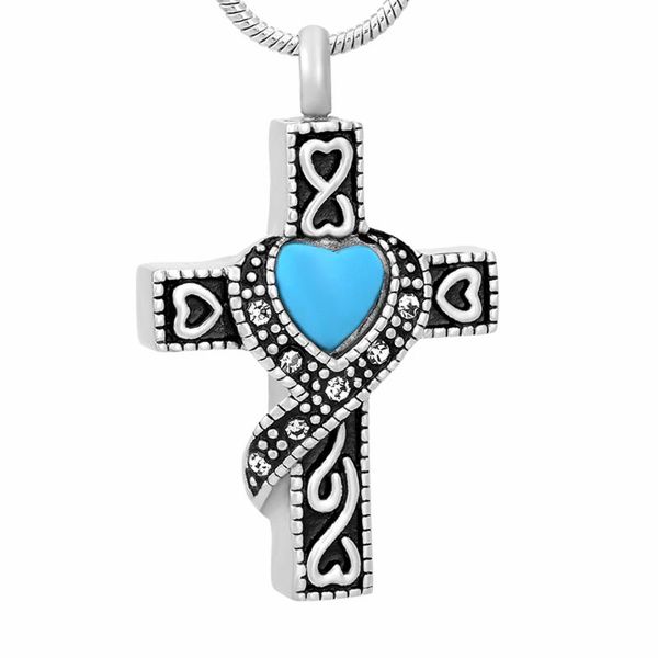 

mjd9699 blue heart birthstone urn necklace memorial ashes holder cross crystal pendant +20 inch chain necklaces, Silver