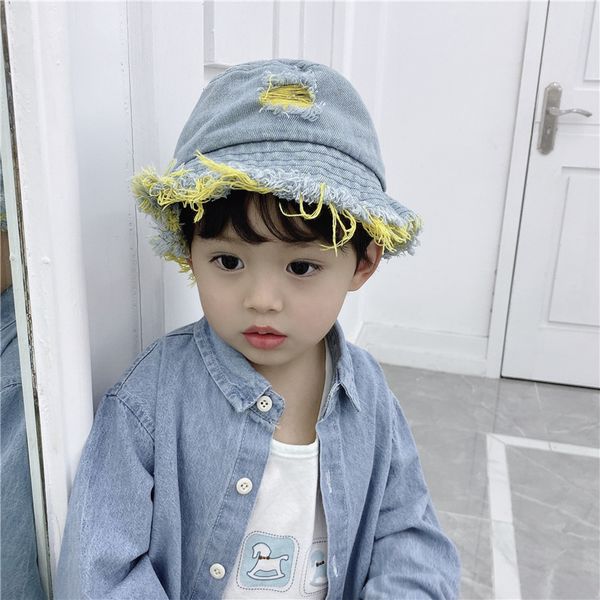 

kids bucket hats baby boy girls cap tassel toddler caps for girl jeans hole distressed jean washed denim hat summer sunhat wmq1263, Yellow