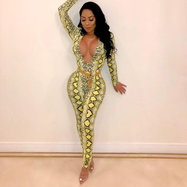 

women's jumpsuits & rompers 2021 snake skin print jumpsuit streetwear deep v-neck long sleeve overalls one piece bodycon womens, Black;white