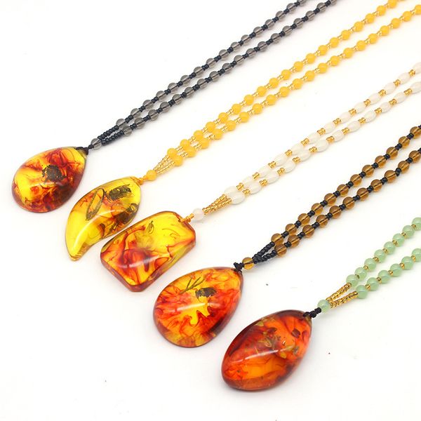 

wholesale natural plant fossil necklace pendant long imitation beeswax amber sweater chain supply will sell gifts hot, Silver