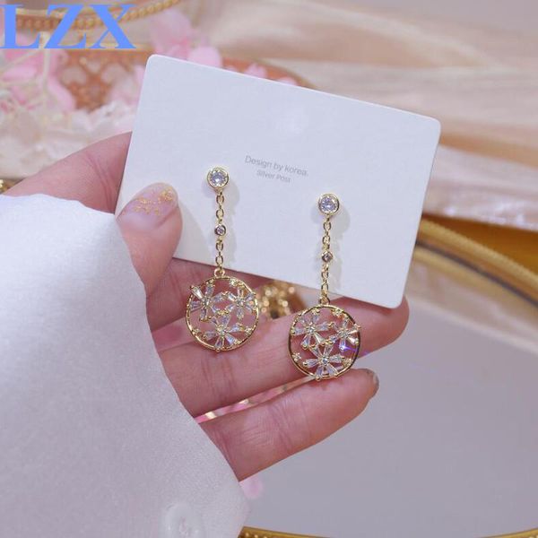

korean flower shape women earrings for girls 14k real gold color circel bliing zirconia drop pendant jewelry dangle & chandelier, Silver