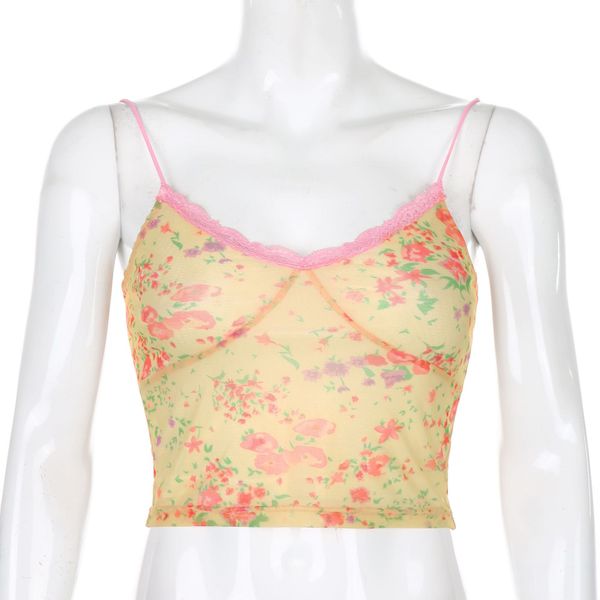

Cute Sexy Flower Mesh Crop Top Cottagecore Summer Clothes for Women Sexy Tanks Camis Yk2 Aesthetic Clothing N84AH10, White