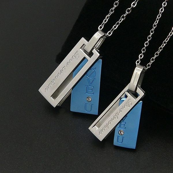 

bangle cl-233 rectangular titanium steel necklace pendant diamond love-u couple, Black