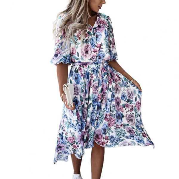 

women's swimwear dress floral print belt slim summer turn-down collar irregular hem midi for date casual loose beach dresses, White;black