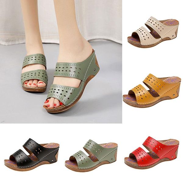 

roman shoes single open toe wedge heel hollow-carved design sandals flip flop classic slippers, Black