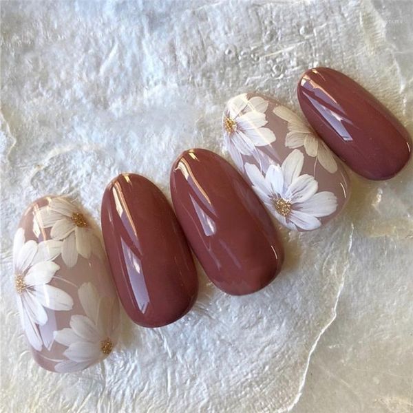 

24pcs bean paste color decor flower full cover wedding bride nails tips artificial art patches with glue for girls1, Red;gold