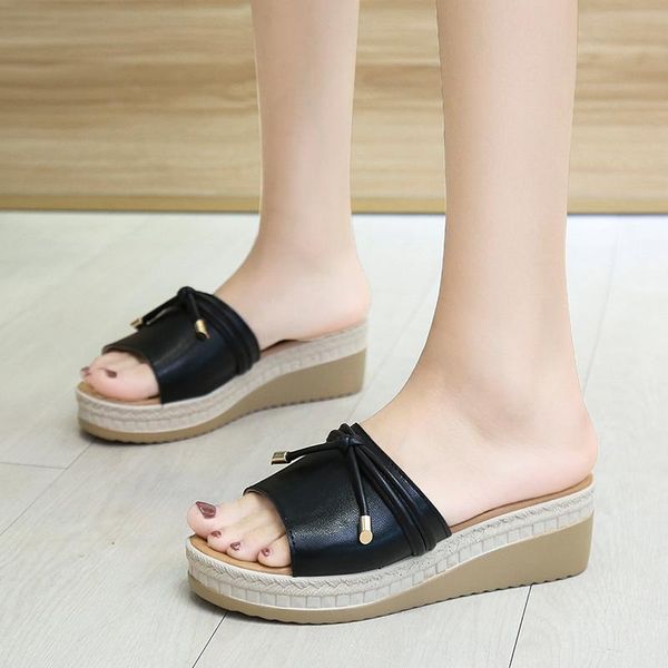 

slippers zapatos de mujer women's summer footwear ladies fashion bow slip heel open toe platform sandals outdoor casual u24-40, Black