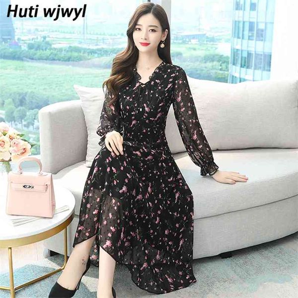 

korean floral chiffon beach midi dress autumn 4xl plus size long sleeve women vintage bodycon party black vestidos 210528, Black;gray
