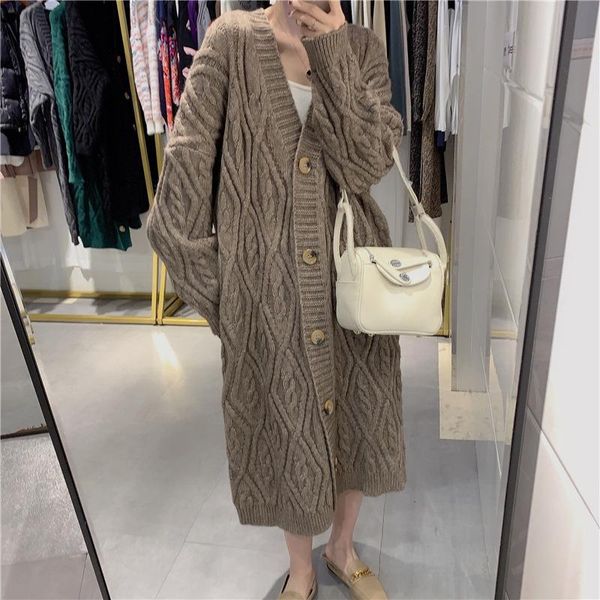 

women's vests medium length twist loose outer sweater cardigan jacket over knee in autumn and winter 2021, Black;white