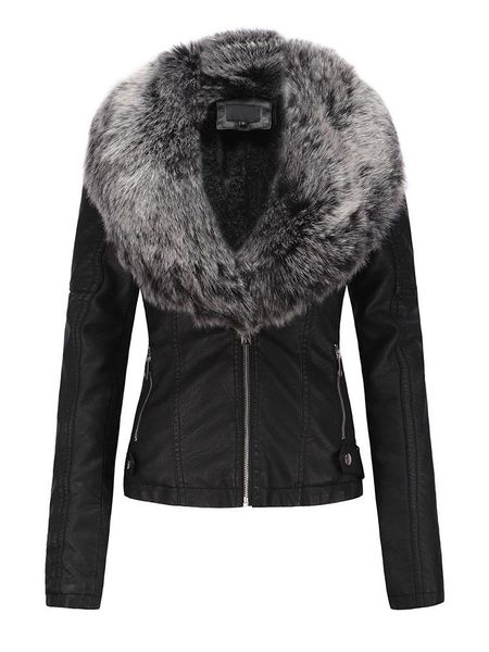 

women's leather & faux jacket moto coat with fur collar for winter, Black