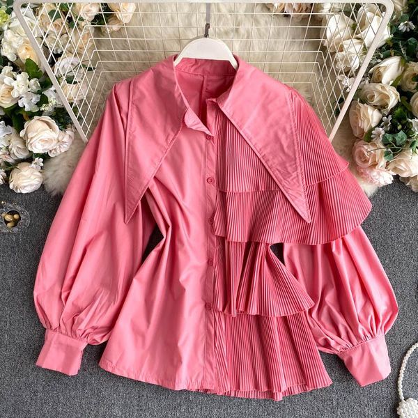 

women's blouses & shirts singreiny women fashion korean blouse design puff sleeve single breasted asymmetry autumn streetwear pleated, White
