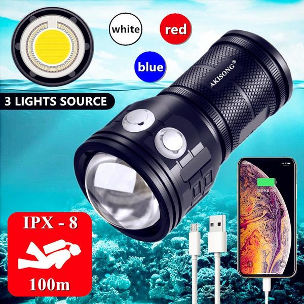 

flashlights torches usb charging diving led powerful underwater 100m pography cob dive torch lamp multifunction scuba fill lights