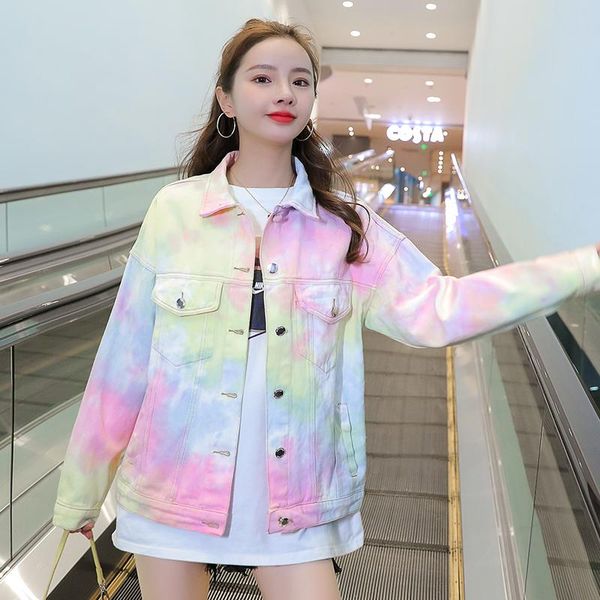 

women's jackets printing s 2021 fashion tie dye color gradient denim jacket women loose korean harajuku chaqueta mujer streetwear veste, Black;brown