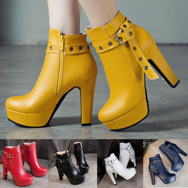 

boots women leather ankle round head thick heels party shoes waterproof platform basic high zipper boots#0817, Black