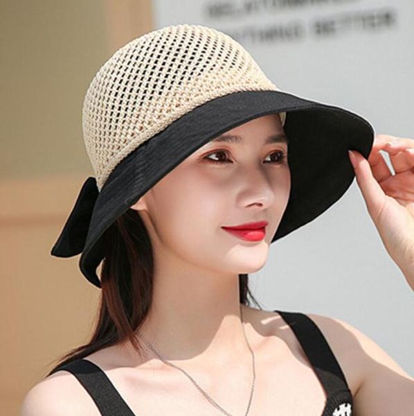 

women beach caps bowknot hollow stitching knitted wide brim hats spliced fisherman hat spring summer foldable sunhat sun basin cap wmq1097, Yellow