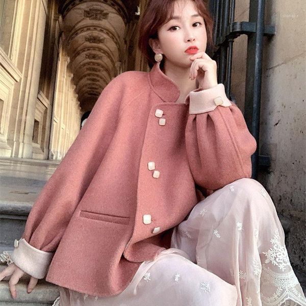 

women's wool & blends autumn/winter solid-colored coat 2021 korean version loose lantern sleeve double-sided, Black