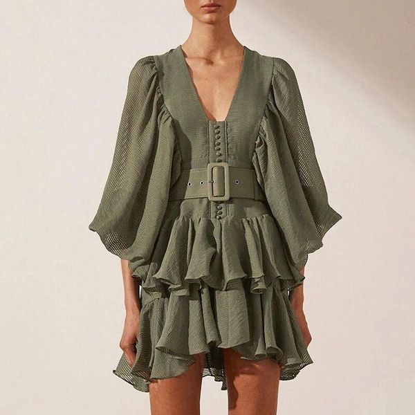 

casual dresses fashion dress summer style lantern sleeve layered lotus leaf side v-neck belt waist short woman, Black;gray