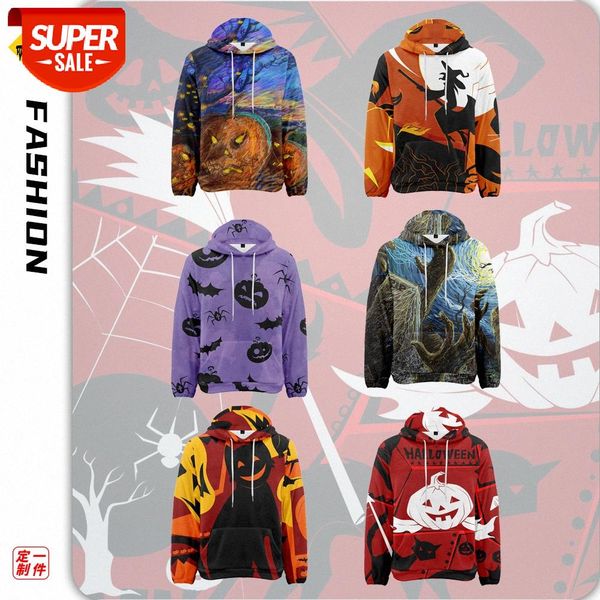 

autumn and winter pullover flannel casual hoodie halloween printing three-dimensional pocket sweater #d232, Black