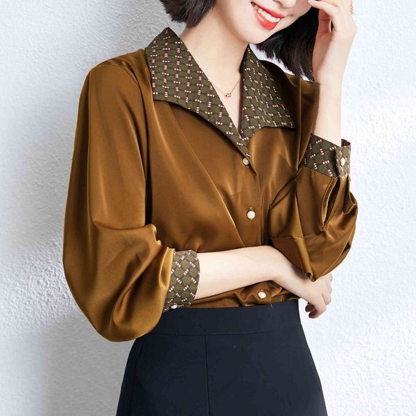 

jacket 2021 spring elegant vintage floral turtlenecks satin loose shirts chiffon long female sleeve blouses ladies, Black;brown