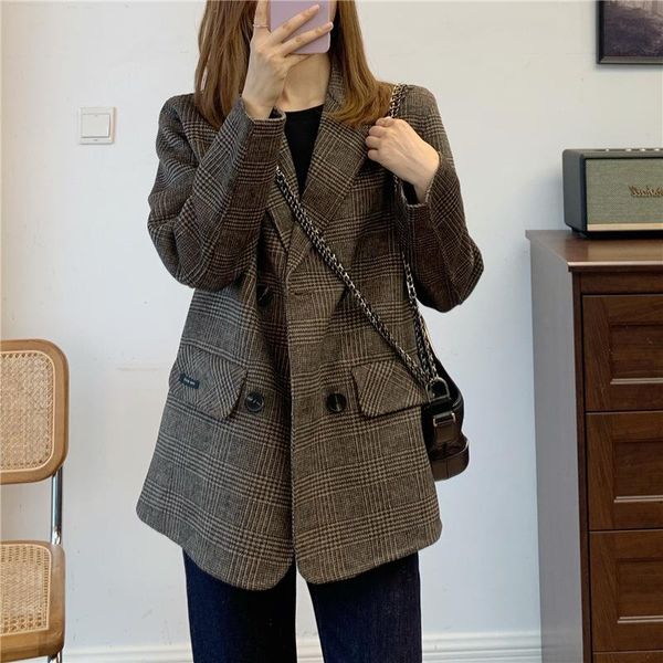 

women's wool & blends double-sided plaid jacket thick long coat for women autumn and winter, Black