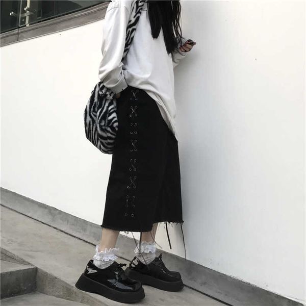 

skirts black denim jeans women high waist long midi skirt vintage korean gothic punk lace up harajuku drawstring loose z245 fe4e