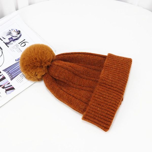 

beanies warm ear protection wool knitted hat children winter fur ball woolen cap thickened pullover beanie