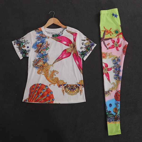 

women two piece pant sets short sleeve crew neck t shirt elastic long leggings pants female printed set outfit women's suits e54, White