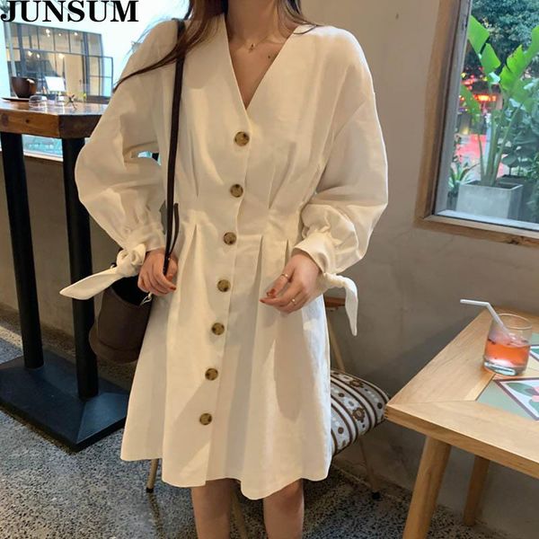 

casual dresses korean chic turndown collar women dress long sleeve a-line white single-breasted midi 020 spring elegant vestidos femme, Black;gray